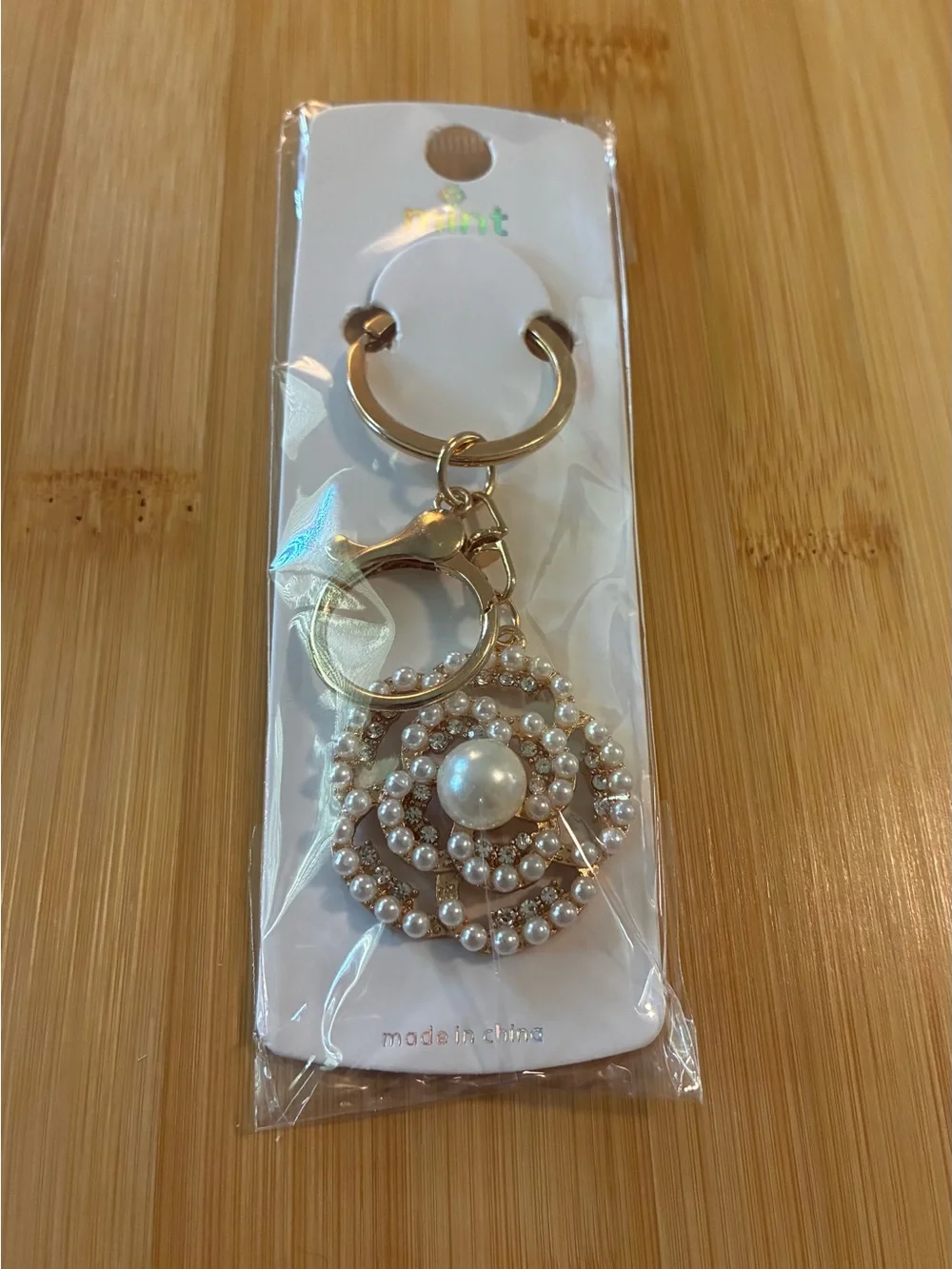 Mint Gold-Tone Pearl & Crystal Floral Keyring Charm